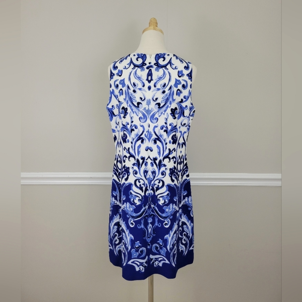 LAUREN RALPH LAUREN Blue White Print Crew Neck Sleeveless Dress - Picture 3 of 6